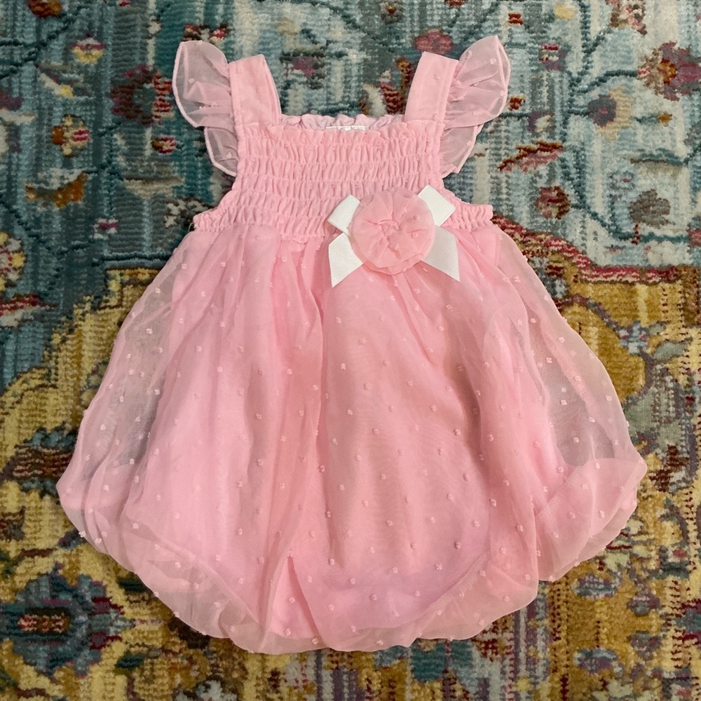 Easter spring summer pink chiffon smocked bubble romper baby dress 9 months